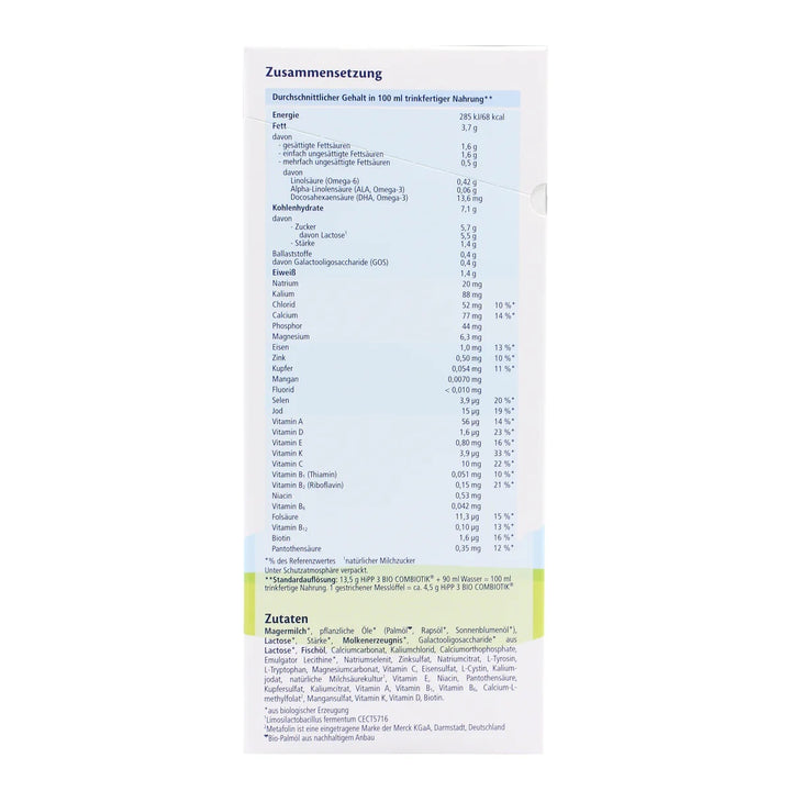 HiPP German Stage 3 European organic toddler formula 600g box, nutrition table per 100 ml and ingredients in German