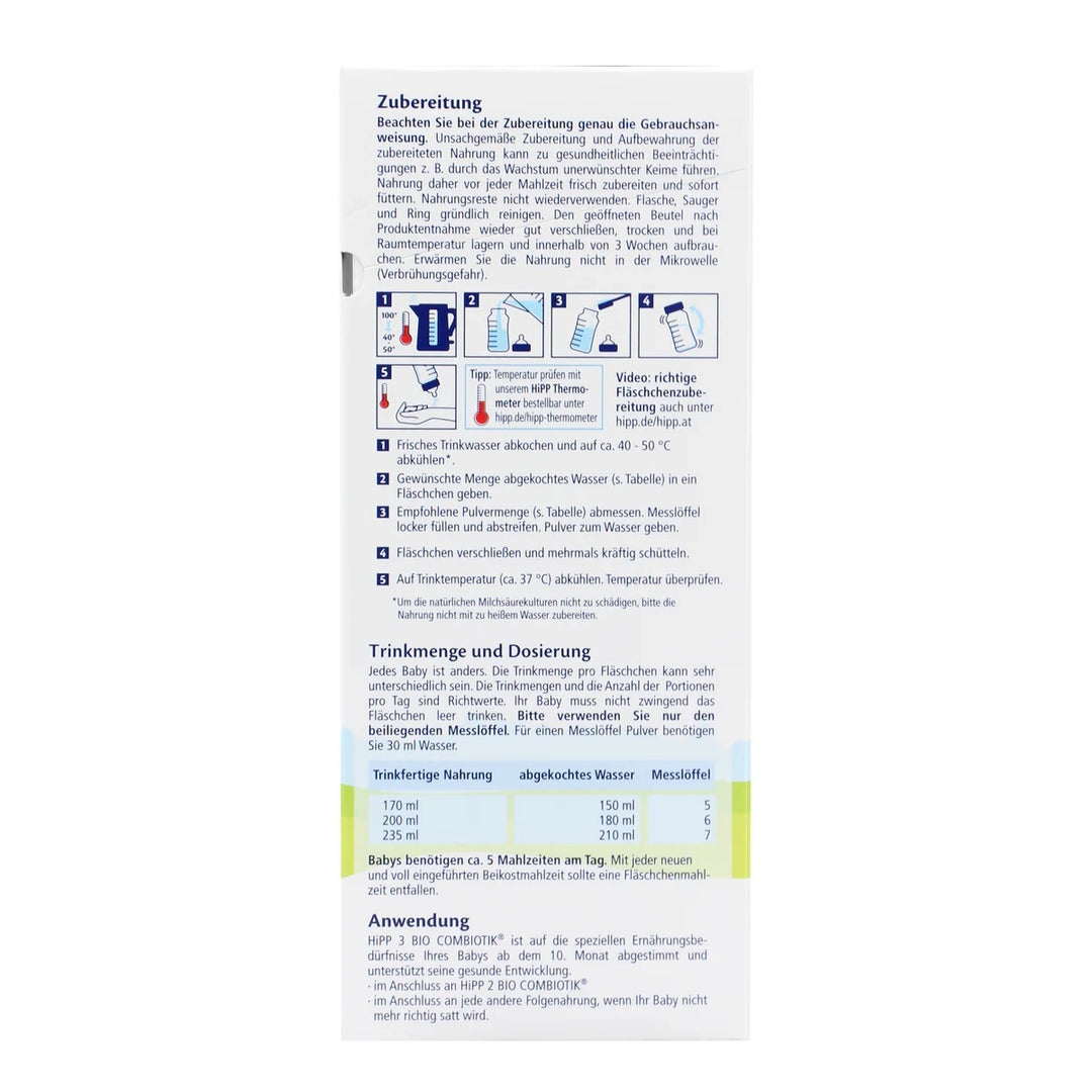 HiPP German Stage 3 European organic toddler formula 600g box, preparation steps and feeding chart in German