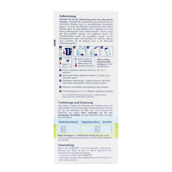 HiPP German Stage 3 European organic toddler formula 600g box, preparation steps and feeding chart in German
