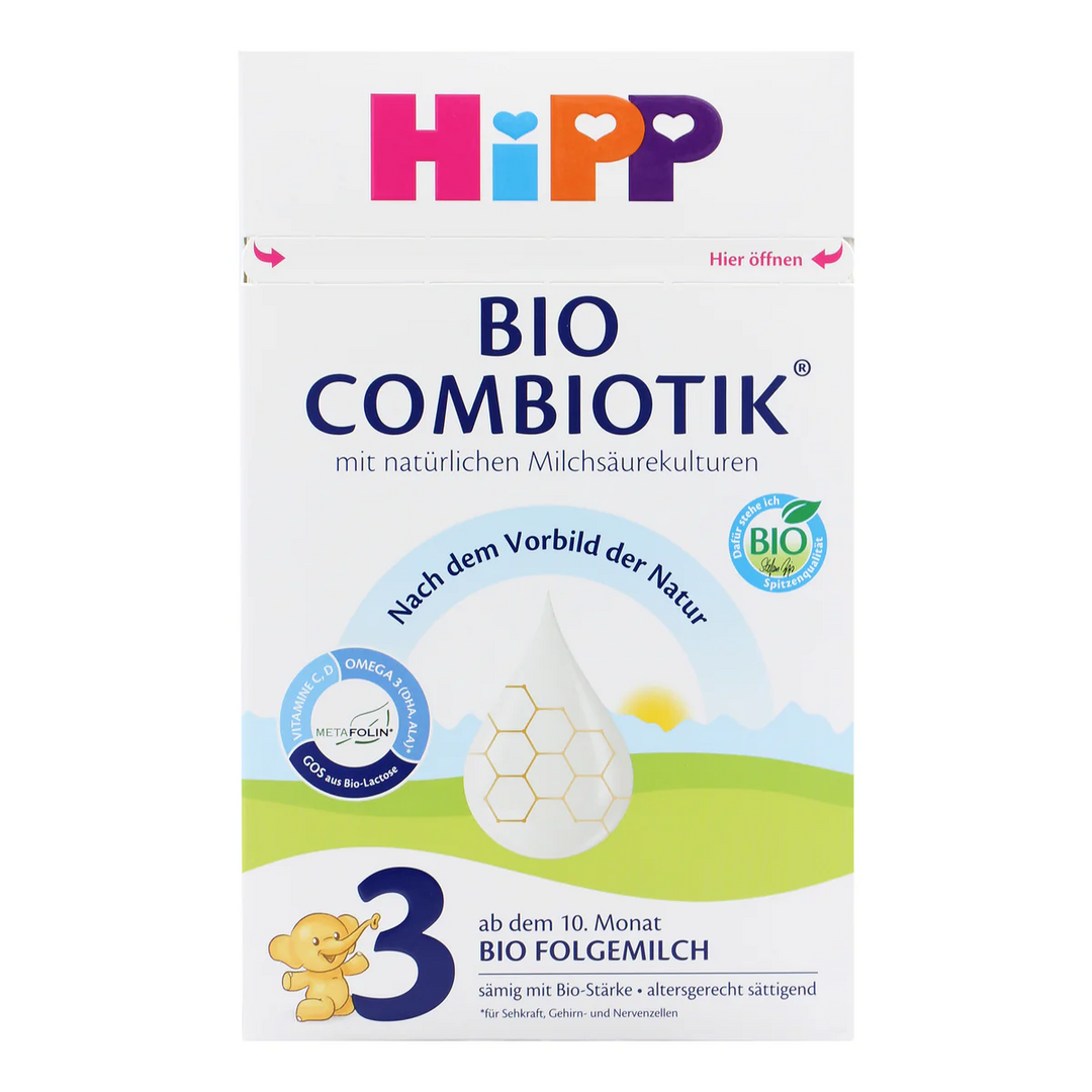 Front of the HiPP German Bio Combiotik Stage 3 600g box, German label, European organic toddler formula, 10 to 24 months