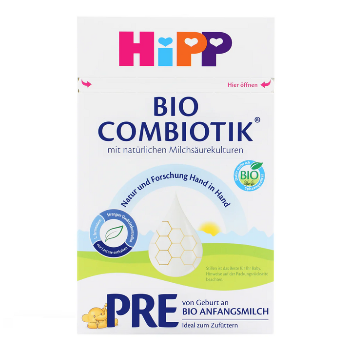 Front of the HiPP German Bio Combiotik Stage PRE 600g box, German label, European organic newborn formula, from birth to 6 months