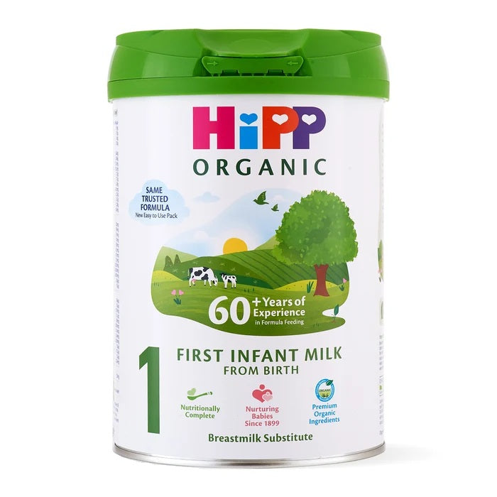 Front of the HiPP UK Organic Stage 1 800g can, English label, European organic baby formula, from birth to 6 months