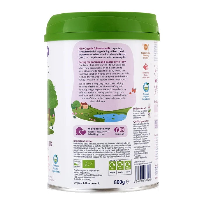 HiPP UK Stage 2 European organic baby formula 800g can, back with OF&amp;G organic and EU organic leaf, made in Germany