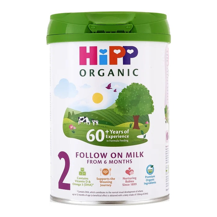 HiPP UK Stage 2 European organic baby formula 800g can, front with Follow On Milk, vitamin D and DHA, from 6 months