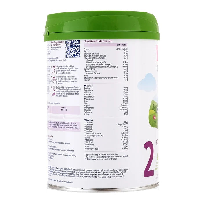 HiPP UK Stage 2 European organic baby formula 800g can, nutrition table per 100 ml in English