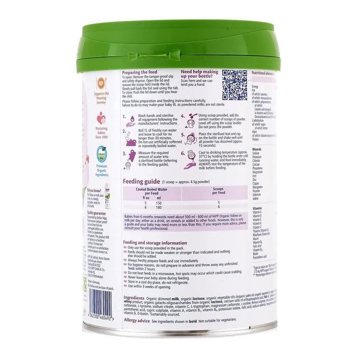 HiPP UK Stage 2 European organic baby formula 800g can, preparation steps, feeding guide and ingredients in English