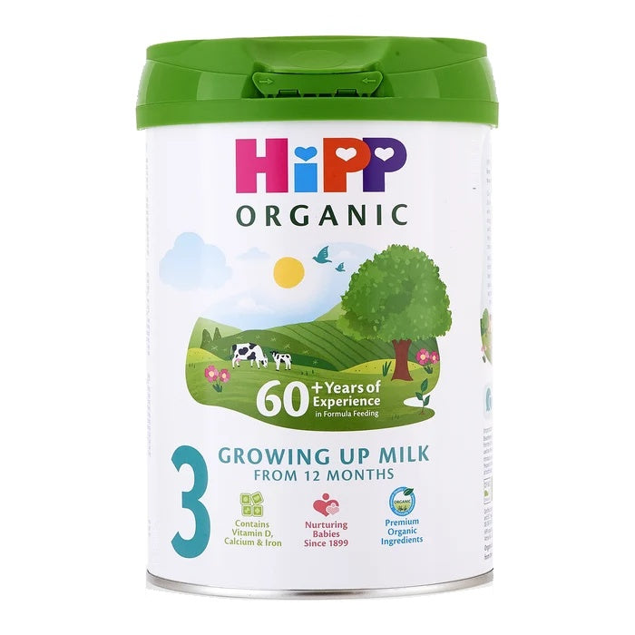 HiPP UK Stage 3 European organic toddler formula 800g can, front with Growing Up Milk, vitamin D, calcium and iron