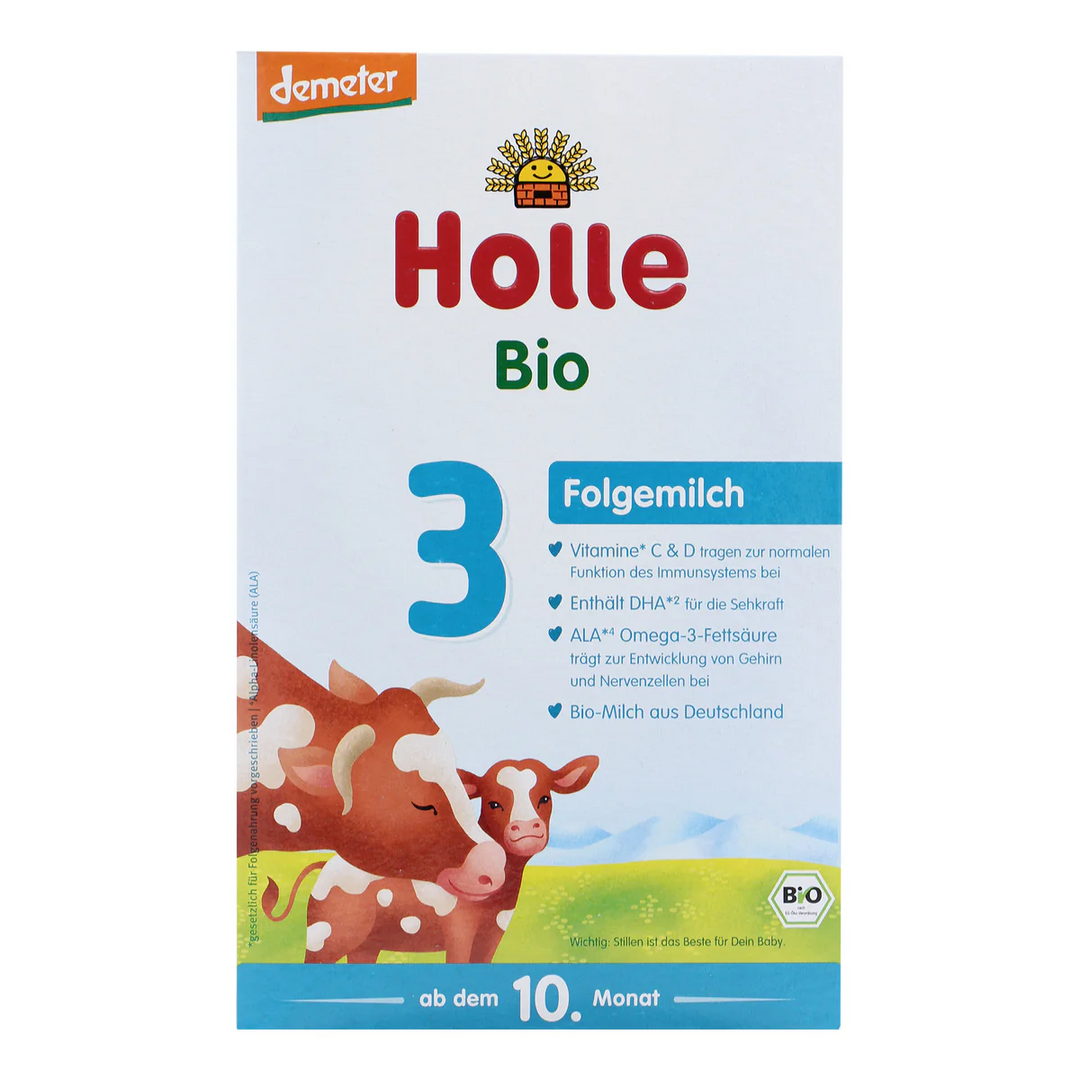 Front of the Holle Bio Stage 3 600g box, German label, European organic cow milk toddler formula, 10 to 12 months