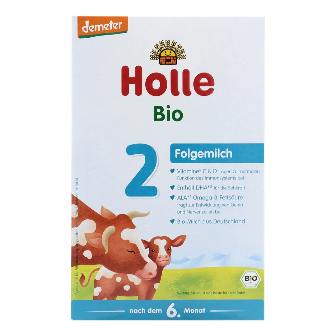 Holle Cow Stage 2 European organic baby formula 600g box, front with Demeter, DHA, organic German milk, from 6 months