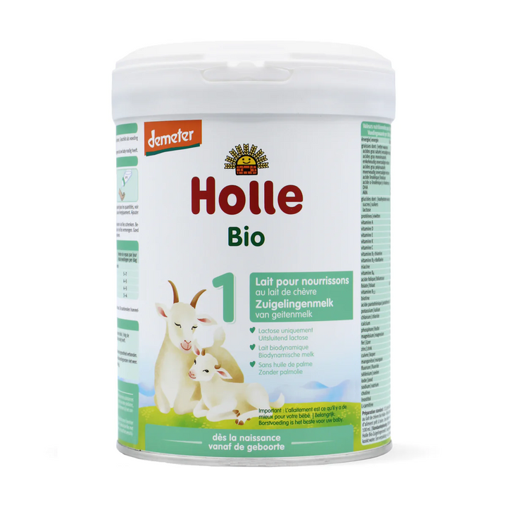 Front of the Holle Goat Dutch Stage 1 800g can, Dutch and French label, European organic goat milk baby formula, from birth to 6 months