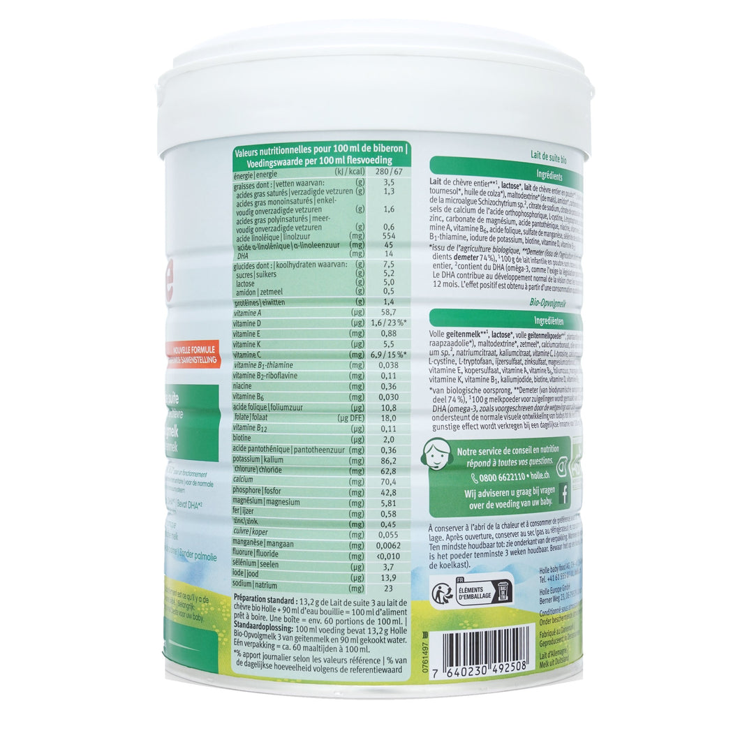Holle Goat Dutch Stage 3 European organic toddler formula 800g can, nutrition table per 100 ml in Dutch and French
