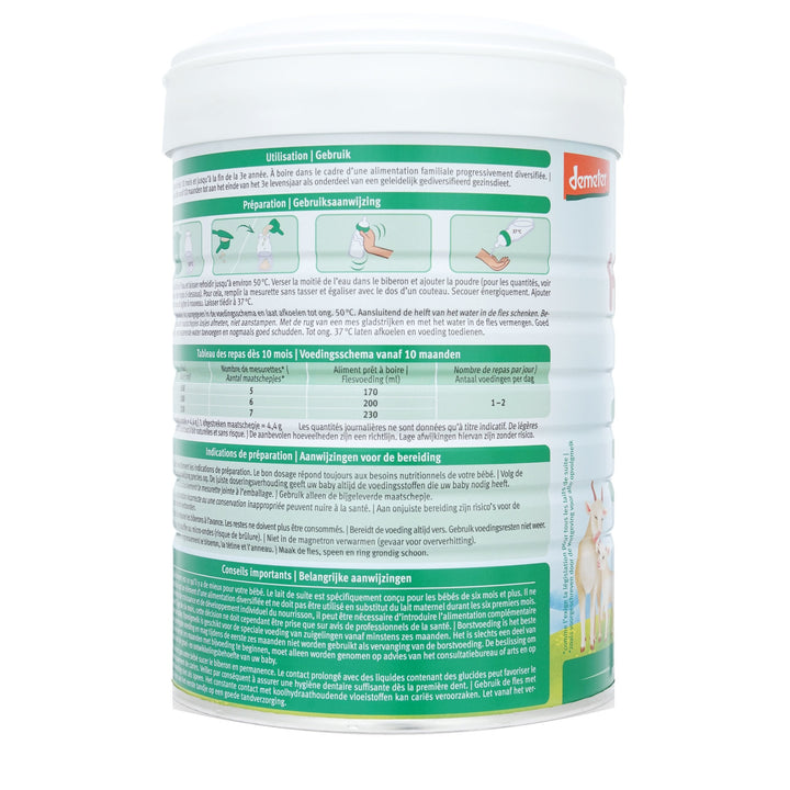 Holle Goat Dutch Stage 3 European organic toddler formula 800g can, preparation steps and feeding chart in Dutch and French