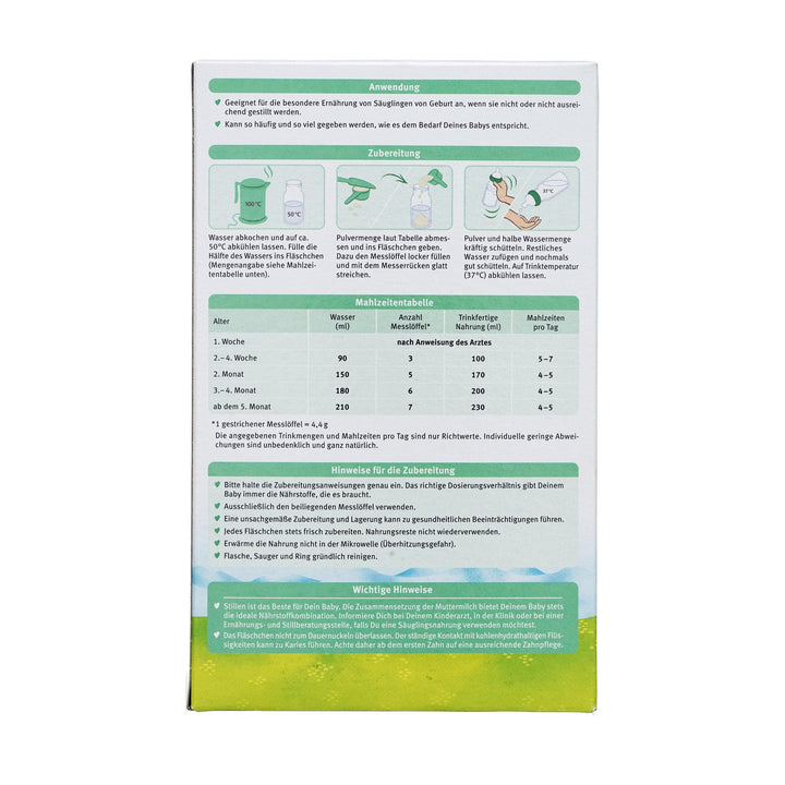Holle Goat PRE European organic newborn formula 400g box, back with preparation steps and feeding chart in German