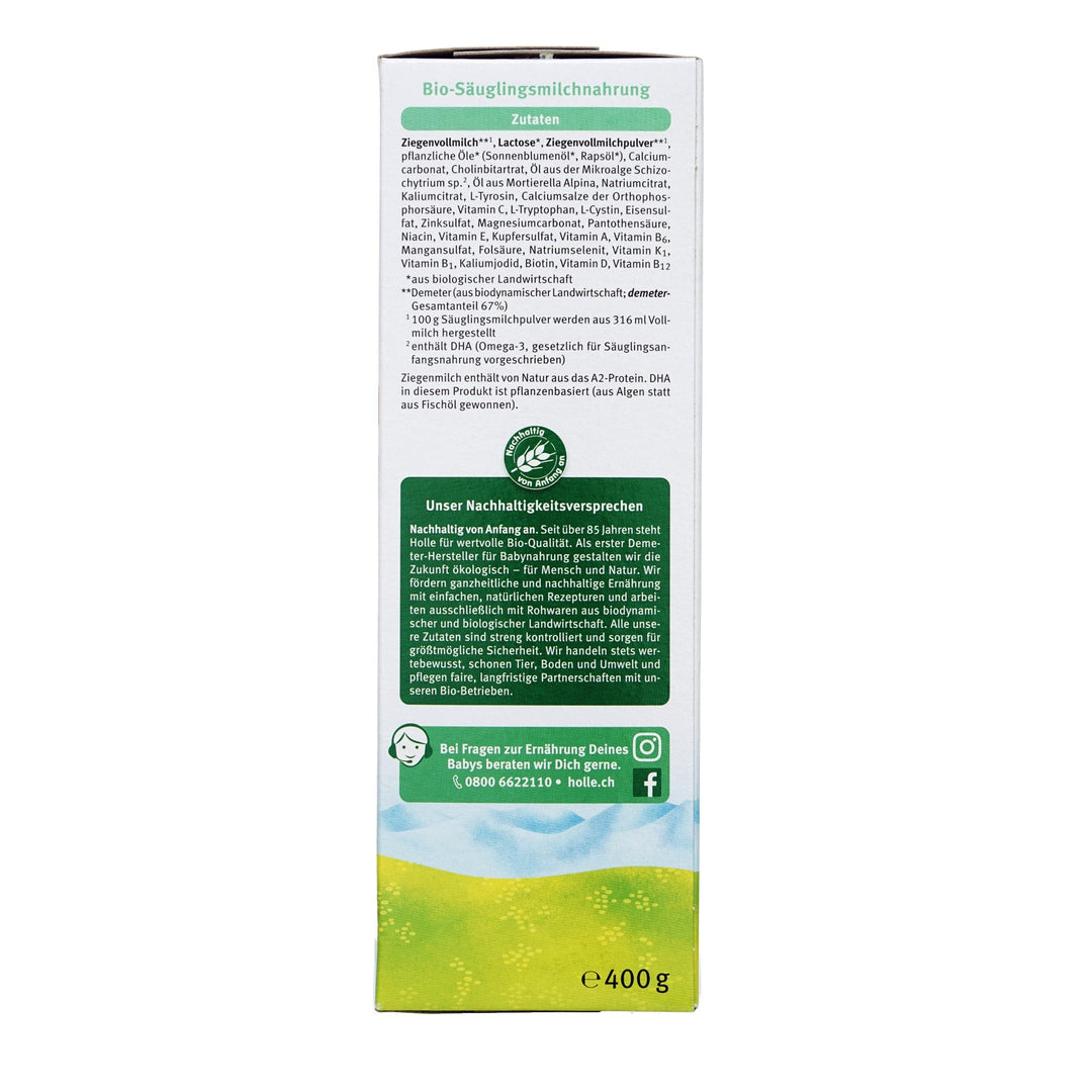 Holle Goat PRE European organic newborn formula 400g box, whole goat milk ingredients in German, naturally A2, algae DHA