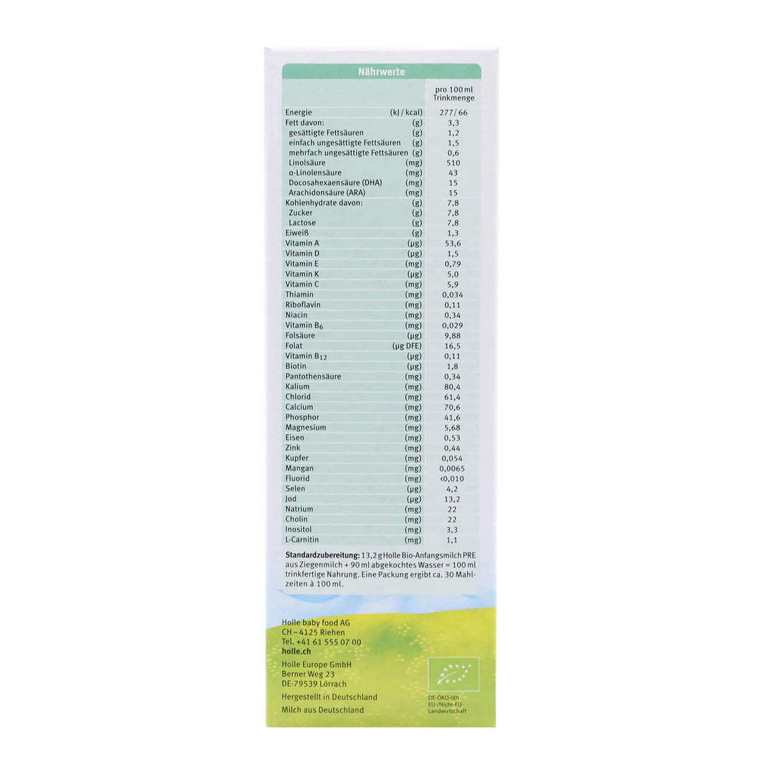 Holle Goat PRE European organic newborn formula 400g box, nutrition table per 100 ml in German, EU organic leaf