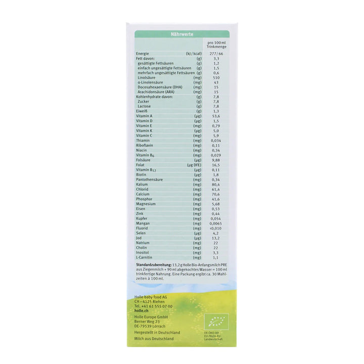 Holle Goat PRE European organic newborn formula 400g box, nutrition table per 100 ml in German, EU organic leaf