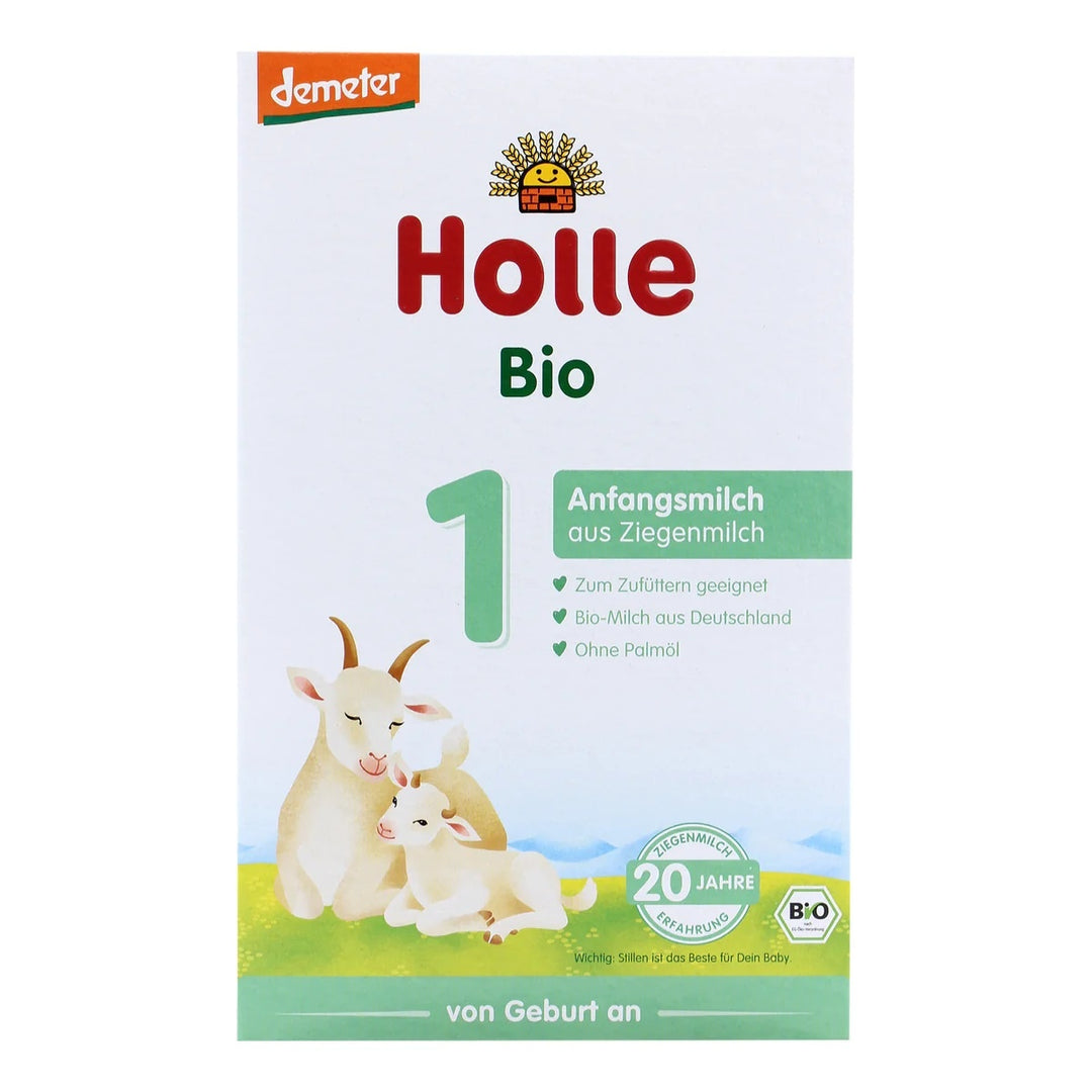 Holle Goat Stage 1 European organic baby formula 400g box, front with Demeter, organic German milk, no palm oil, from birth