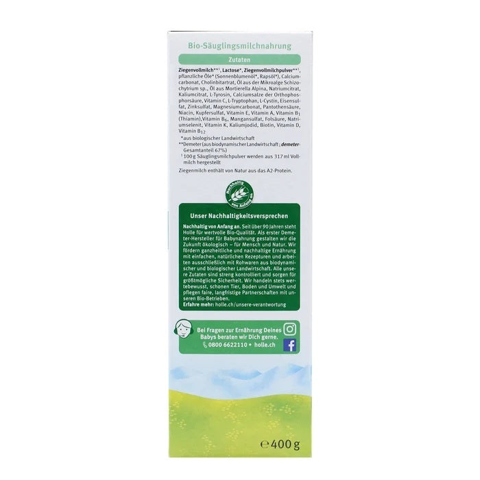 Holle Goat Stage 1 European organic baby formula 400g box, whole goat milk ingredients in German, naturally A2, algae DHA