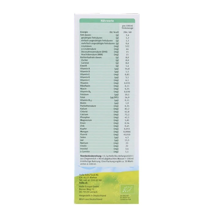 Holle Goat Stage 1 European organic baby formula 400g box, nutrition table per 100 ml in German, EU organic leaf