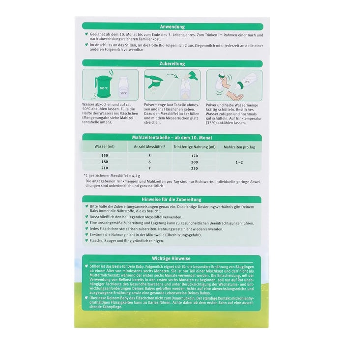 Holle Goat Stage 3 European organic toddler formula 400g box, back with preparation steps and feeding chart in German