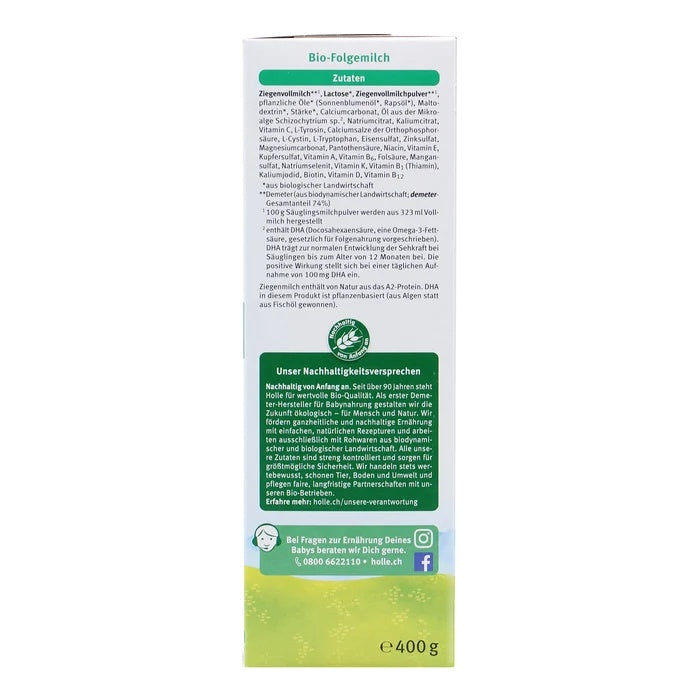 Holle Goat Stage 3 European organic toddler formula 400g box, whole goat milk ingredients in German, naturally A2, algae DHA