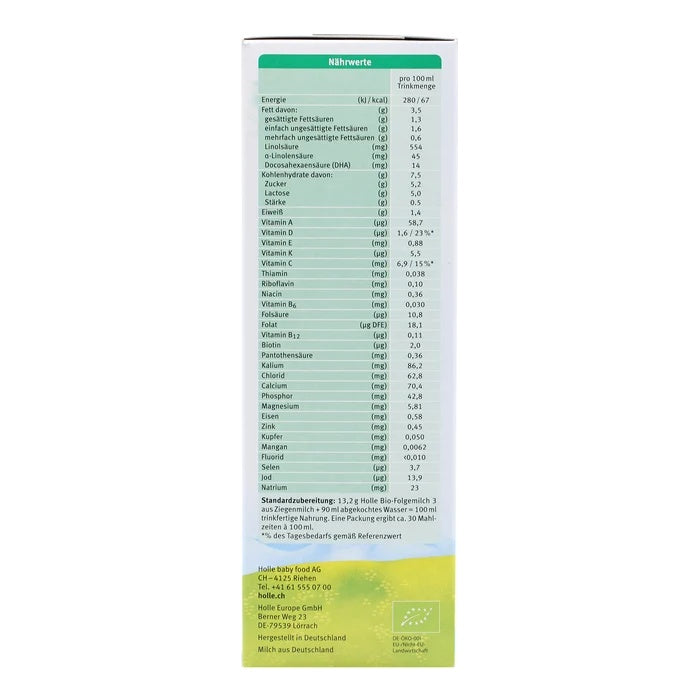 Holle Goat Stage 3 European organic toddler formula 400g box, nutrition table per 100 ml in German, EU organic leaf