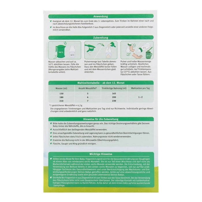 Holle Goat Stage 4 European organic toddler formula 400g box, back with cup or bottle preparation and feeding chart in German
