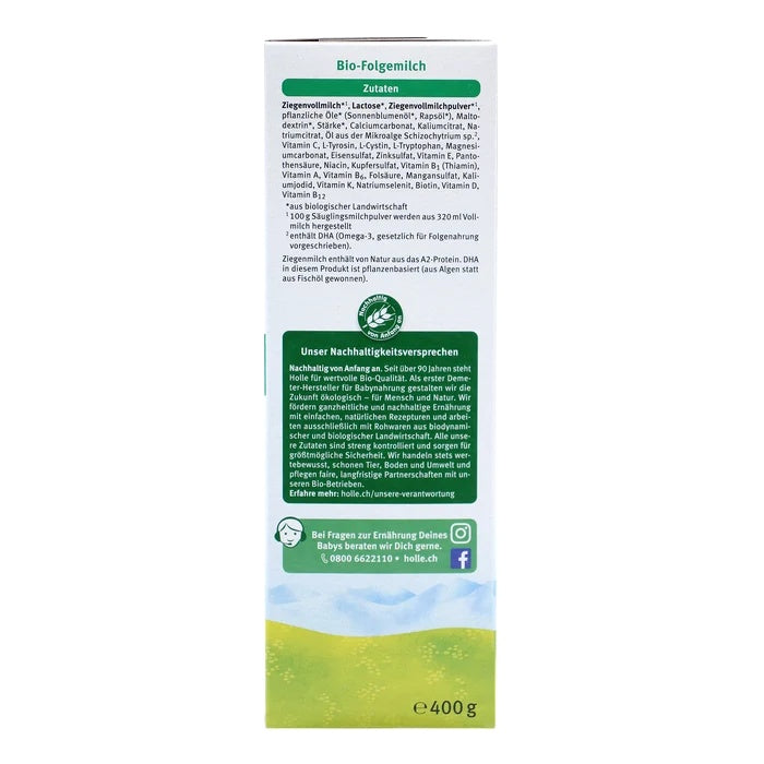 Holle Goat Stage 4 European organic toddler formula 400g box, whole goat milk ingredients in German, naturally A2, algae DHA
