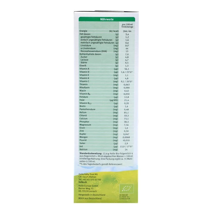 Holle Goat Stage 4 European organic toddler formula 400g box, nutrition table per 100 ml in German, EU organic leaf