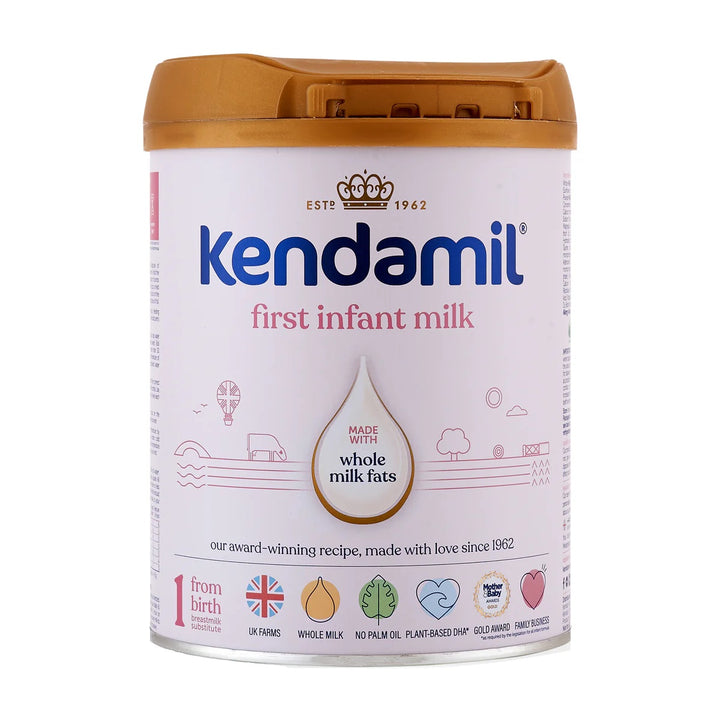 Kendamil UK Classic Stage 1 European baby formula 800g can, front with first infant milk, whole milk fats, from birth