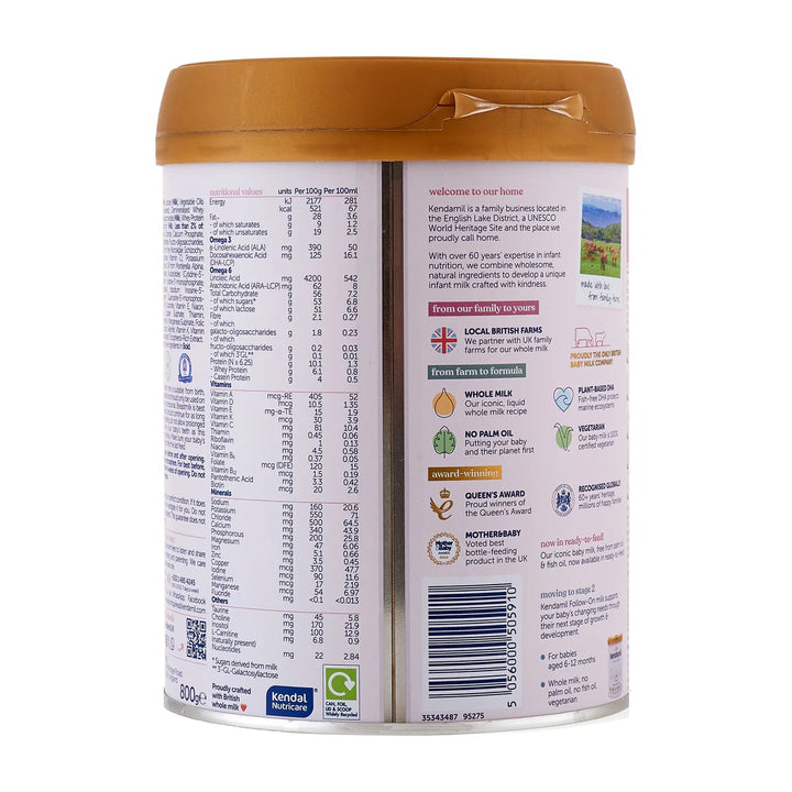 Kendamil UK Classic Stage 1 European baby formula 800g can, nutrition table per 100 ml and British farms story in English