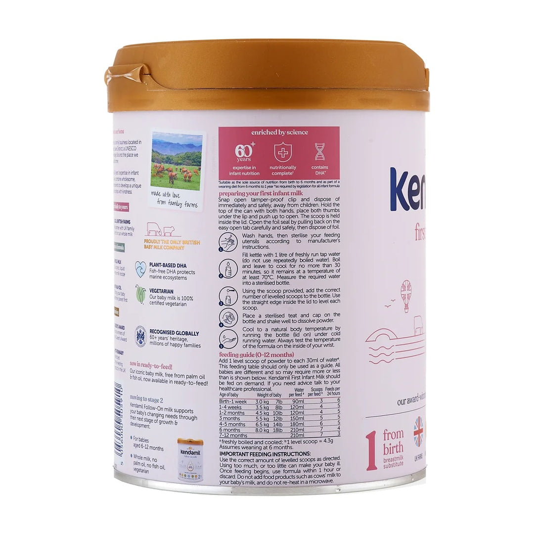 Kendamil UK Classic Stage 1 European baby formula 800g can, preparation steps and feeding guide by age in English