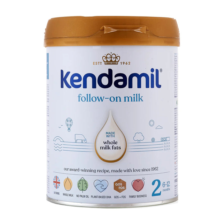 Kendamil UK Classic Stage 2 European baby formula 800g can, front with follow on milk, whole milk fats, GOS and FOS