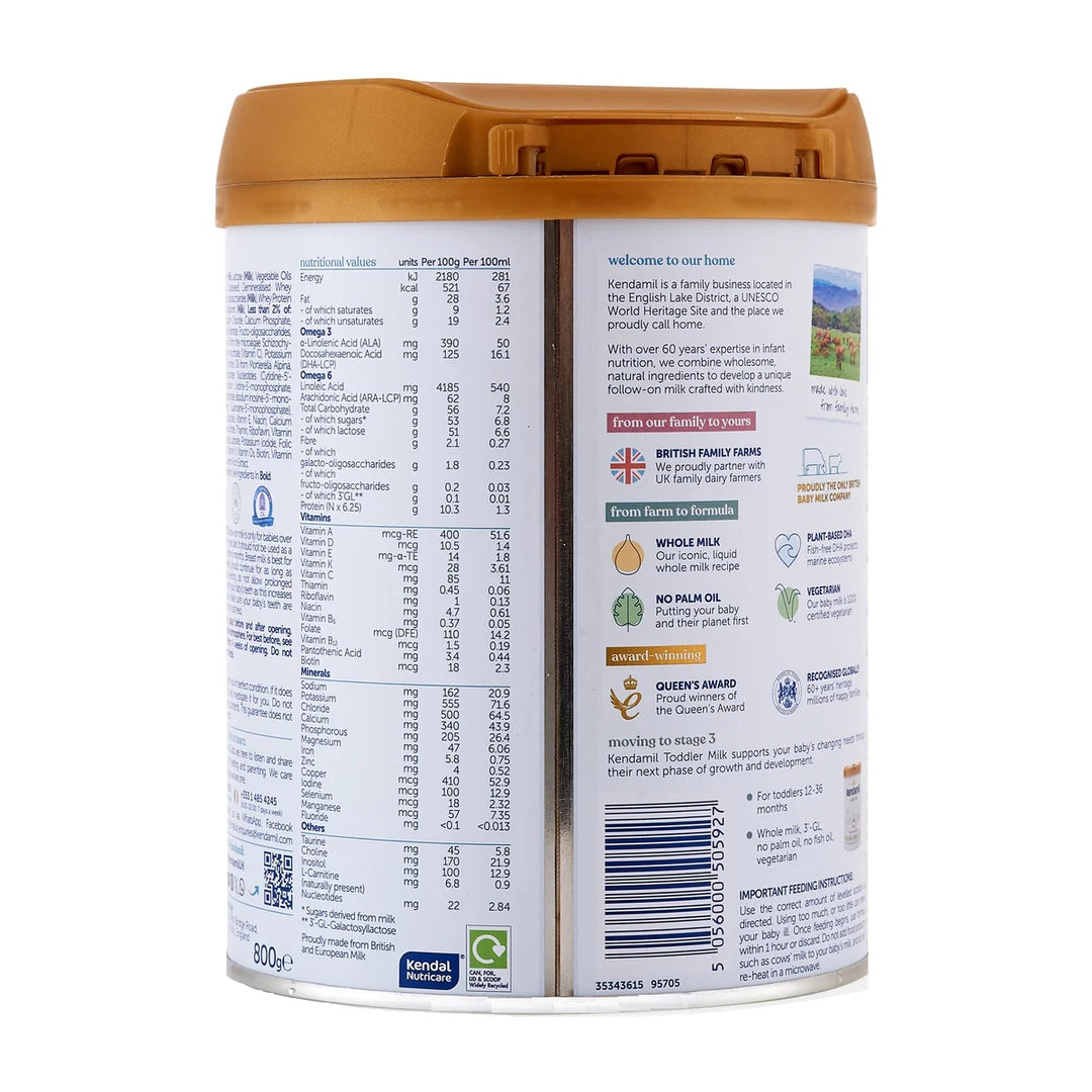 Kendamil UK Classic Stage 2 European baby formula 800g can, nutrition table per 100 ml and British farms story in English