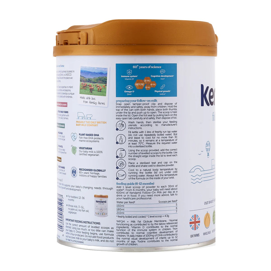Kendamil UK Classic Stage 2 European baby formula 800g can, preparation steps and feeding guide 6 to 12 months in English