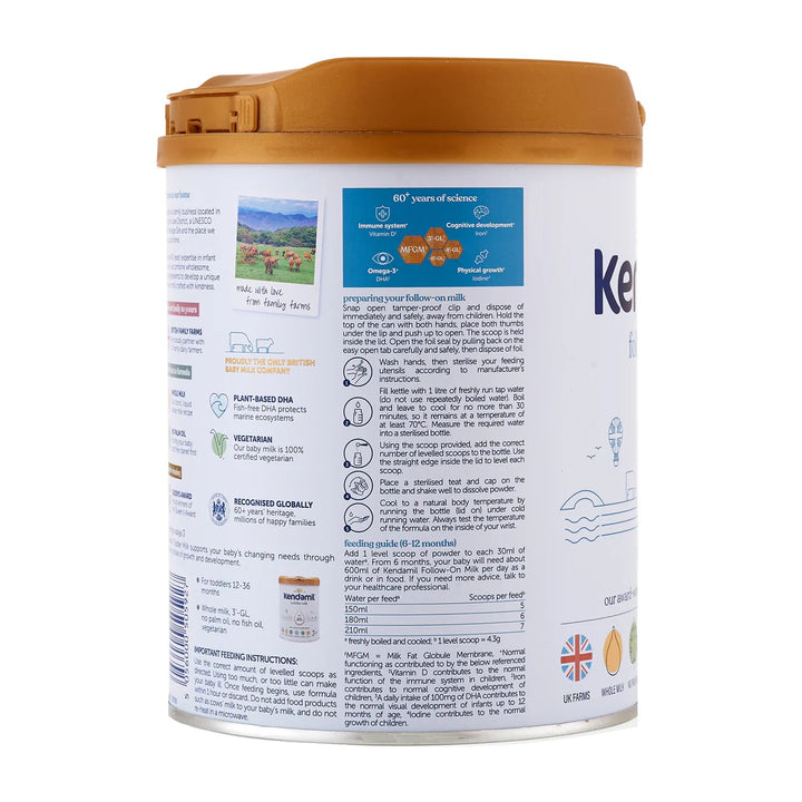 Kendamil UK Classic Stage 2 European baby formula 800g can, preparation steps and feeding guide 6 to 12 months in English