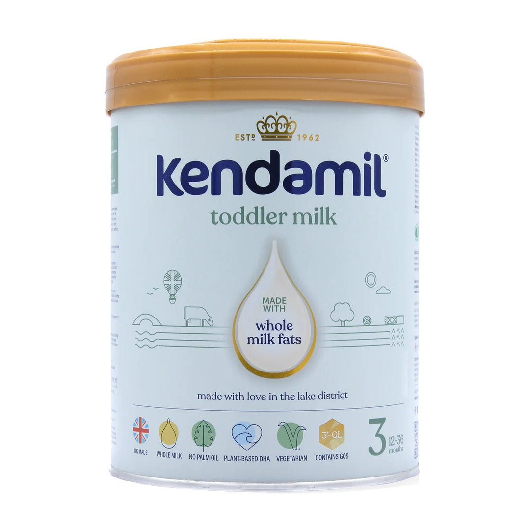 Kendamil UK Classic Stage 3 European toddler formula 800g can, front with toddler milk, whole milk fats, UK made