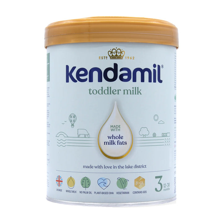 Kendamil UK Classic Stage 3 European toddler formula 800g can, front with toddler milk, whole milk fats, UK made
