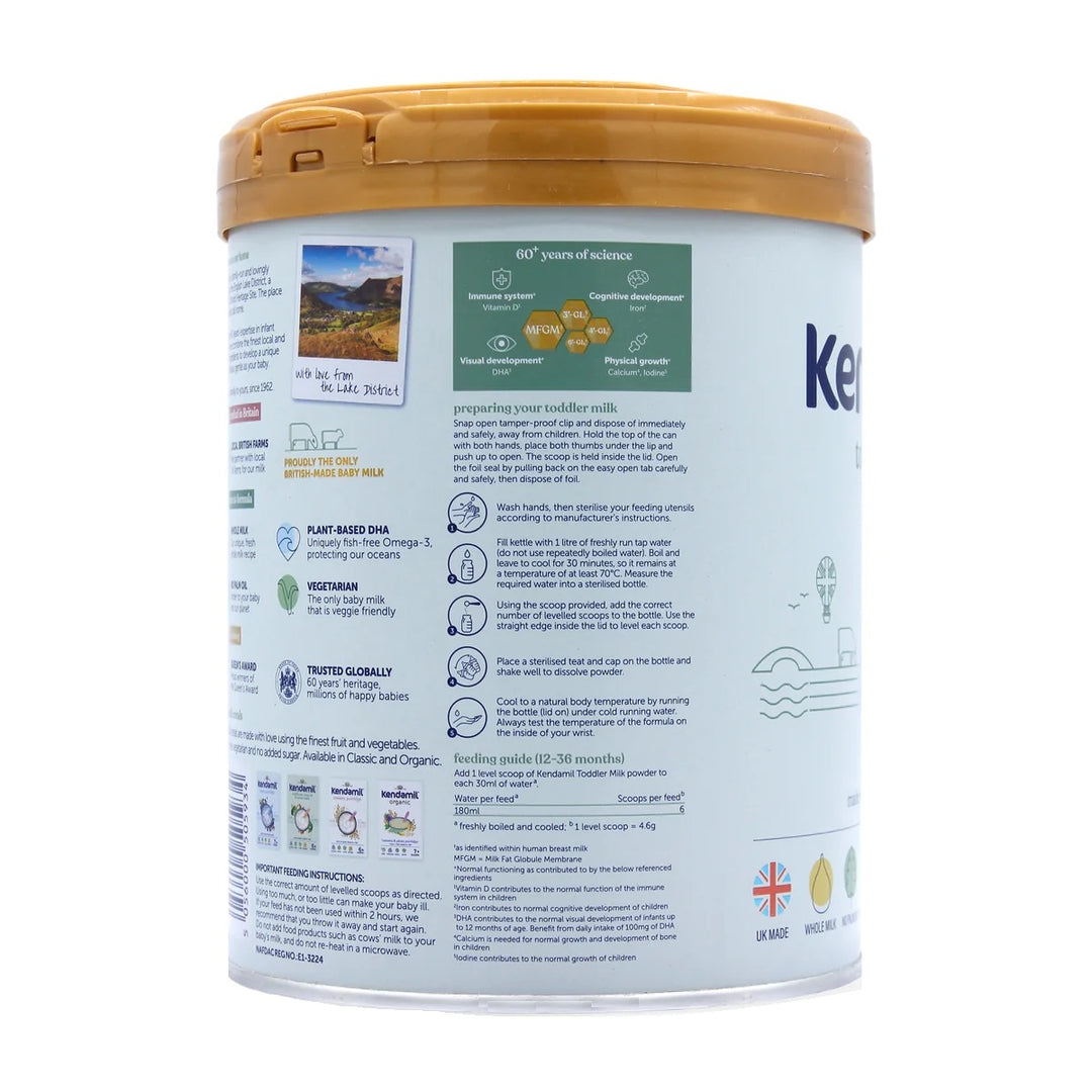 Kendamil UK Classic Stage 3 European toddler formula 800g can, preparation steps and feeding guide 12 to 36 months in English