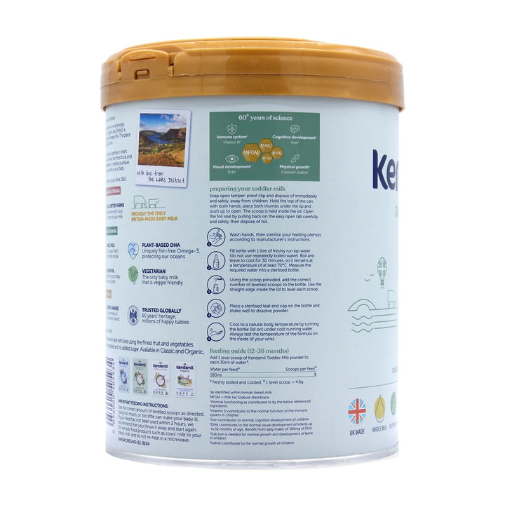 Kendamil UK Classic Stage 3 European toddler formula 800g can, preparation steps and feeding guide 12 to 36 months in English