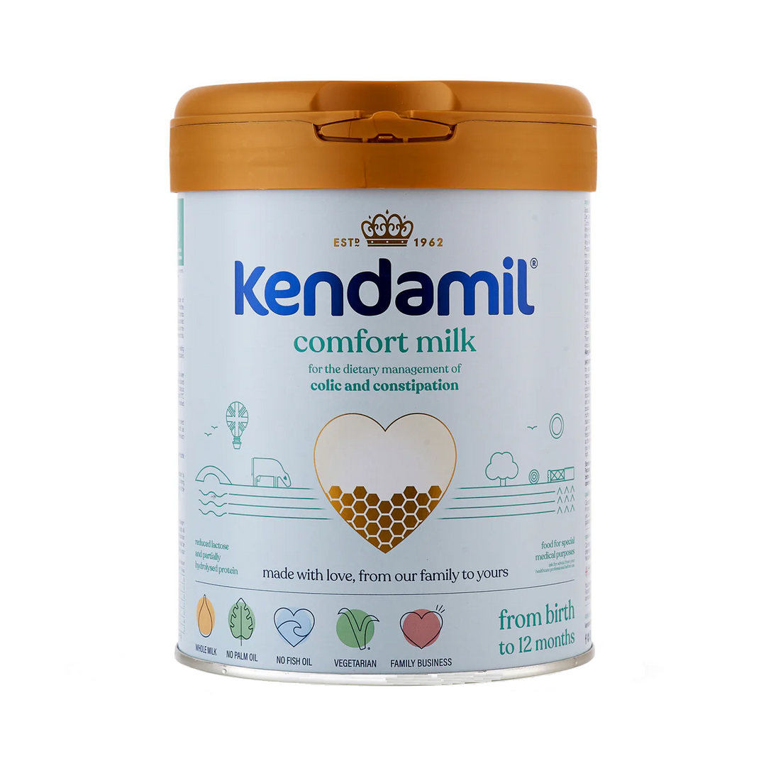 Front of the Kendamil UK Comfort All Stages 800g can, English label, European baby formula for colic and constipation, from birth