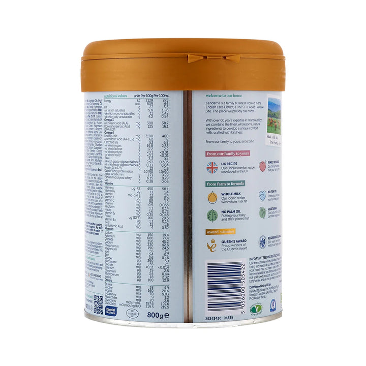 Kendamil UK Comfort European baby formula 800g can, nutrition table per 100 g and 100 ml in English, vegetarian