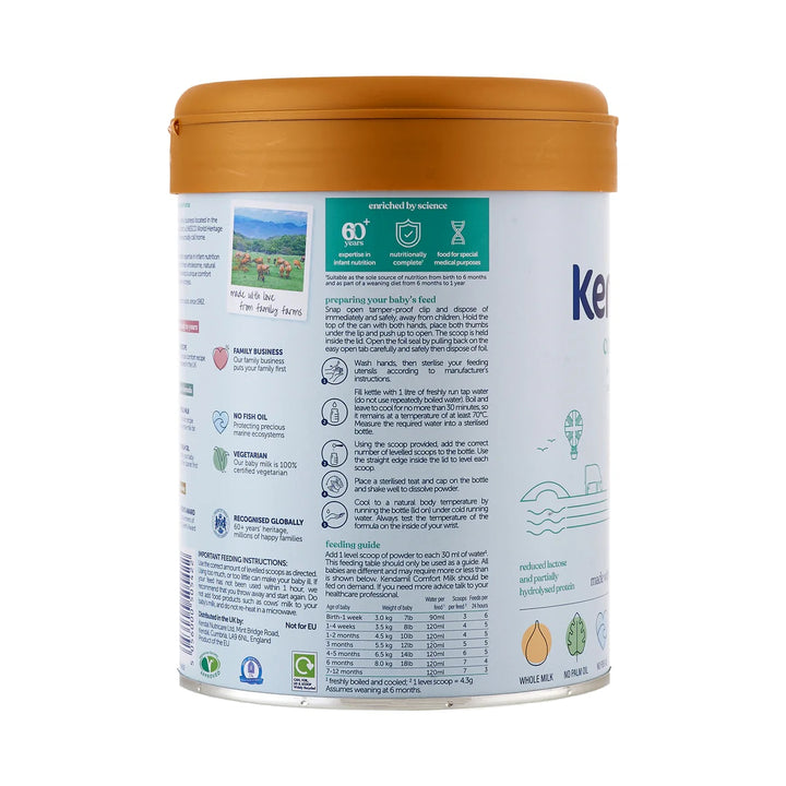 Kendamil UK Comfort European baby formula 800g can, preparation steps and feeding guide by age in English