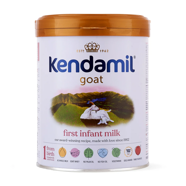 Front of the Kendamil UK Goat Stage 1 800g can, English label, European whole goat milk baby formula, from birth to 6 months
