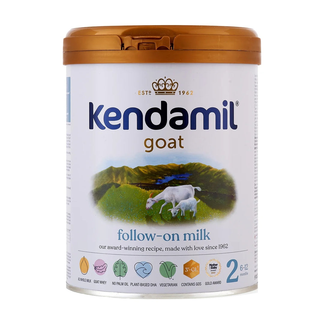 Kendamil UK Goat Stage 2 European baby formula 800g can, front with follow on milk, A2 whole goat milk, goat whey