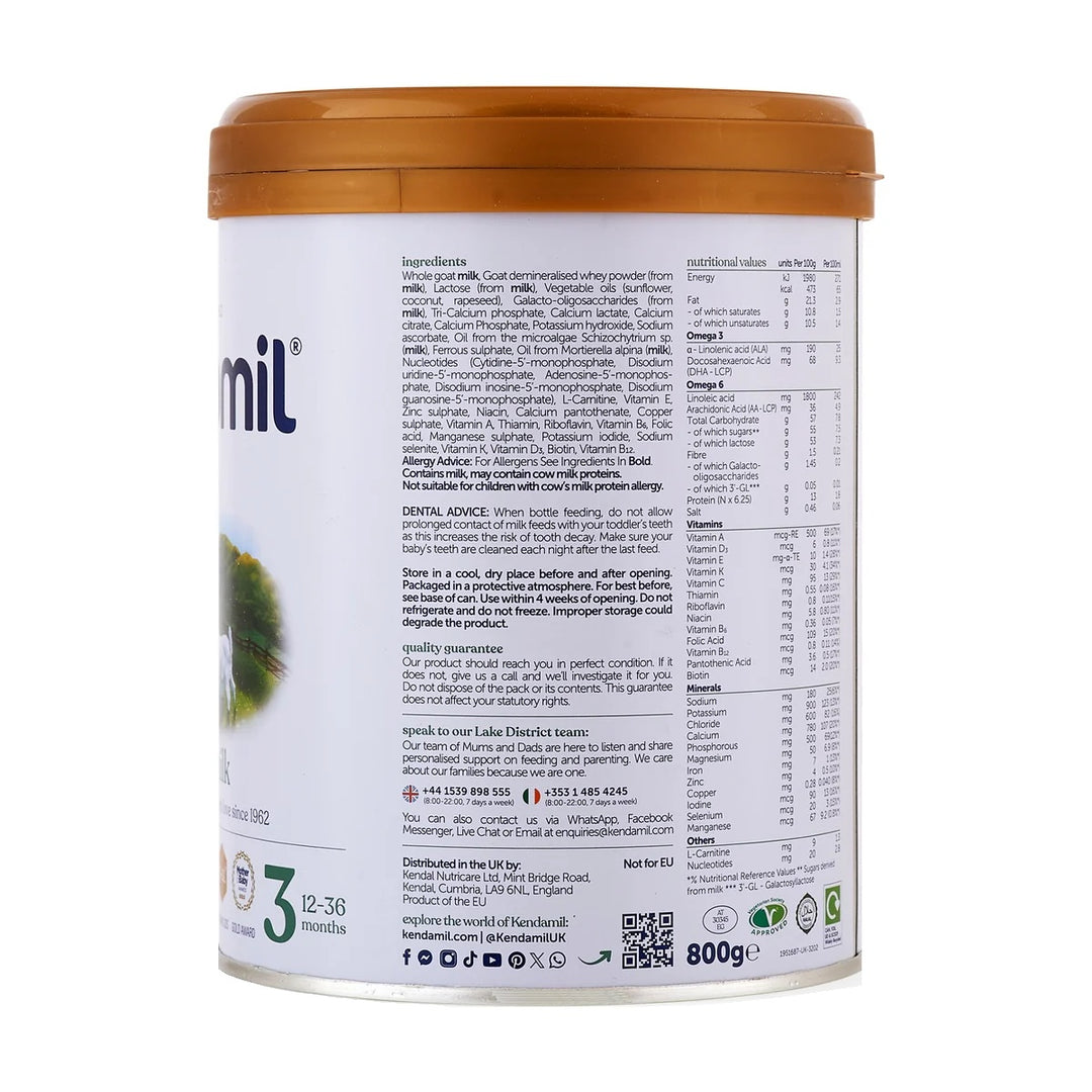 Kendamil UK Goat Stage 3 European toddler formula 800g can, goat milk ingredients and nutrition table in English