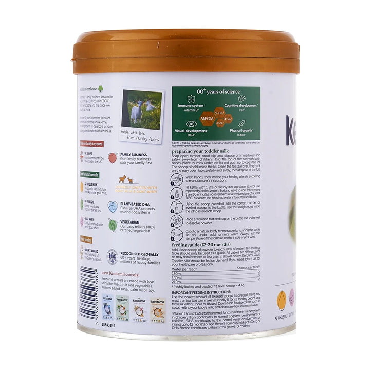 Kendamil UK Goat Stage 3 European toddler formula 800g can, preparation steps and feeding guide 12 to 36 months in English