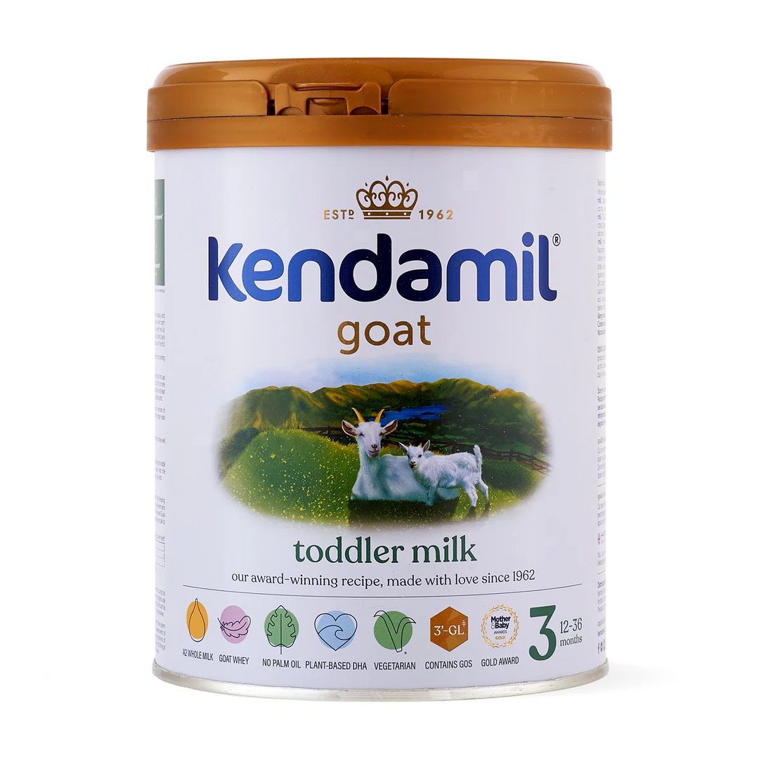 Front of the Kendamil UK Goat Stage 3 800g can, English label, European whole goat milk toddler formula, 12 to 36 months
