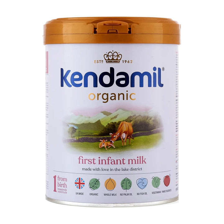 Kendamil UK Organic Stage 1 European organic baby formula 800g can, front with first infant milk, UK made, from birth
