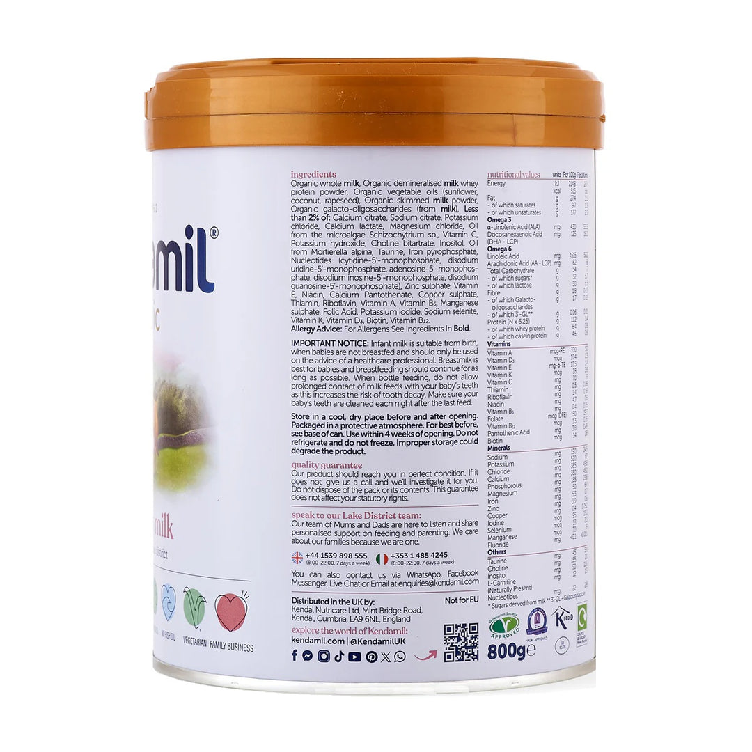 Kendamil UK Organic Stage 1 European organic baby formula 800g can, organic ingredients, notice and storage in English